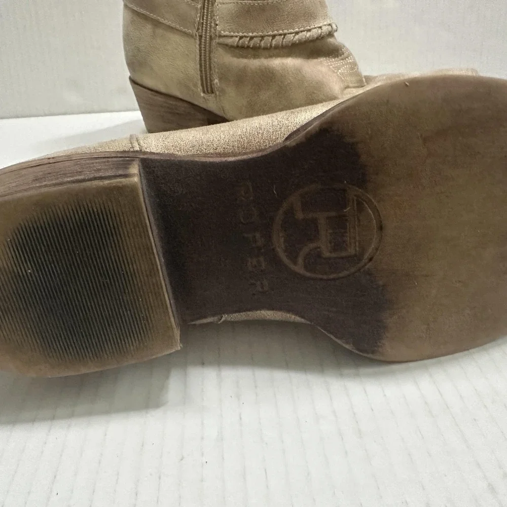 Roper Western Boots Womens 10 Beige Ankle Zip Buckle Pointed Toe Low Heel